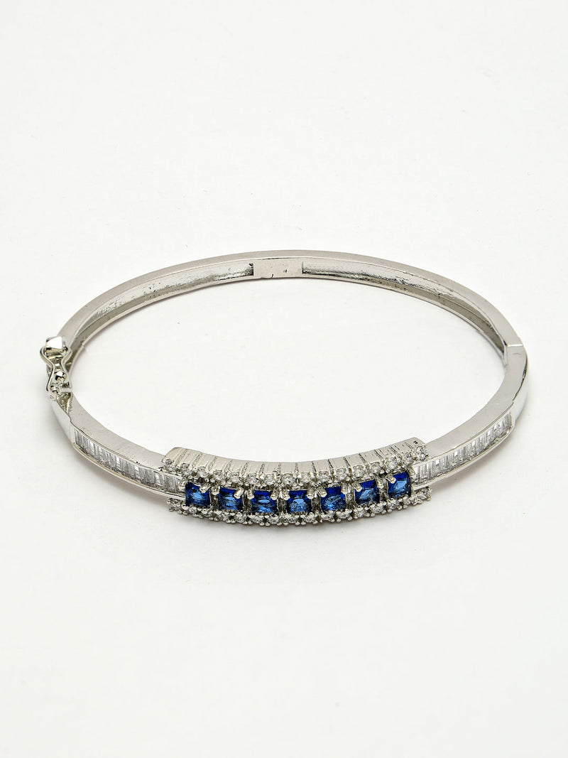Rhodium Plated Silver Toned Minimal Round Blue American Diamond Studded Cuff Bracelet