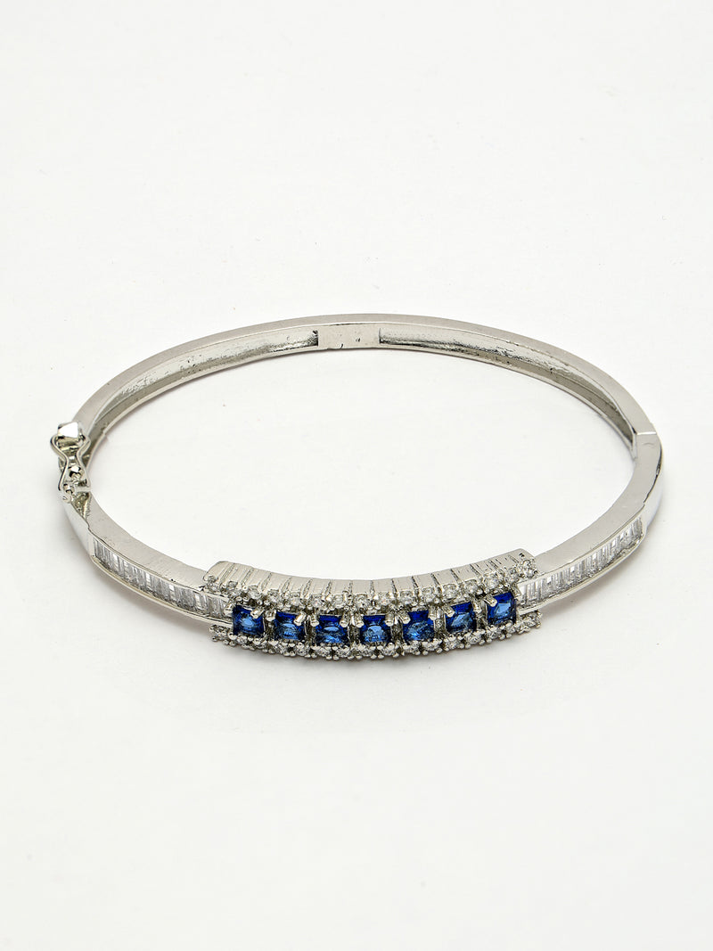 Rhodium Plated Silver Toned Minimal Round Blue American Diamond Studded Cuff Bracelet