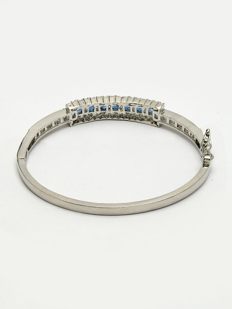 Rhodium Plated Silver Toned Minimal Round Blue American Diamond Studded Cuff Bracelet