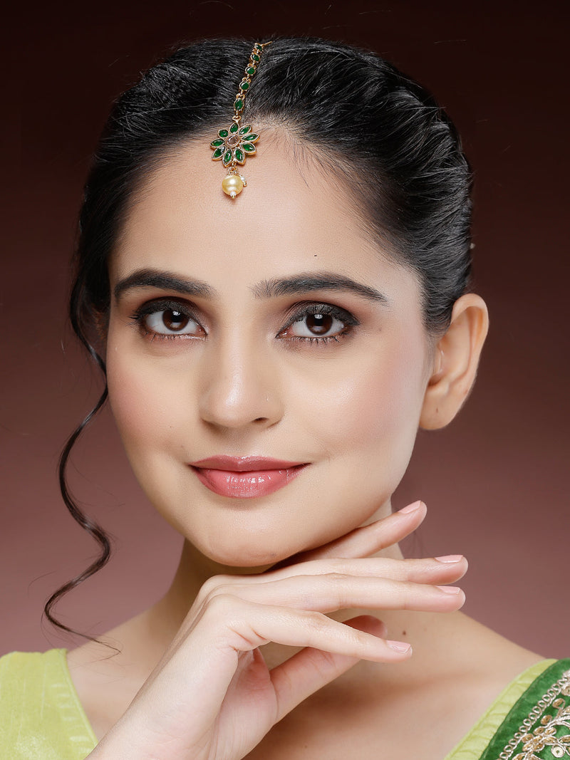 Gold Plated Green Pearl Studded Maang Tikka
