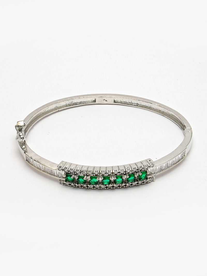 Rhodium Plated Silver Toned Minimal Round Green American Diamond Studded Cuff Bracelet