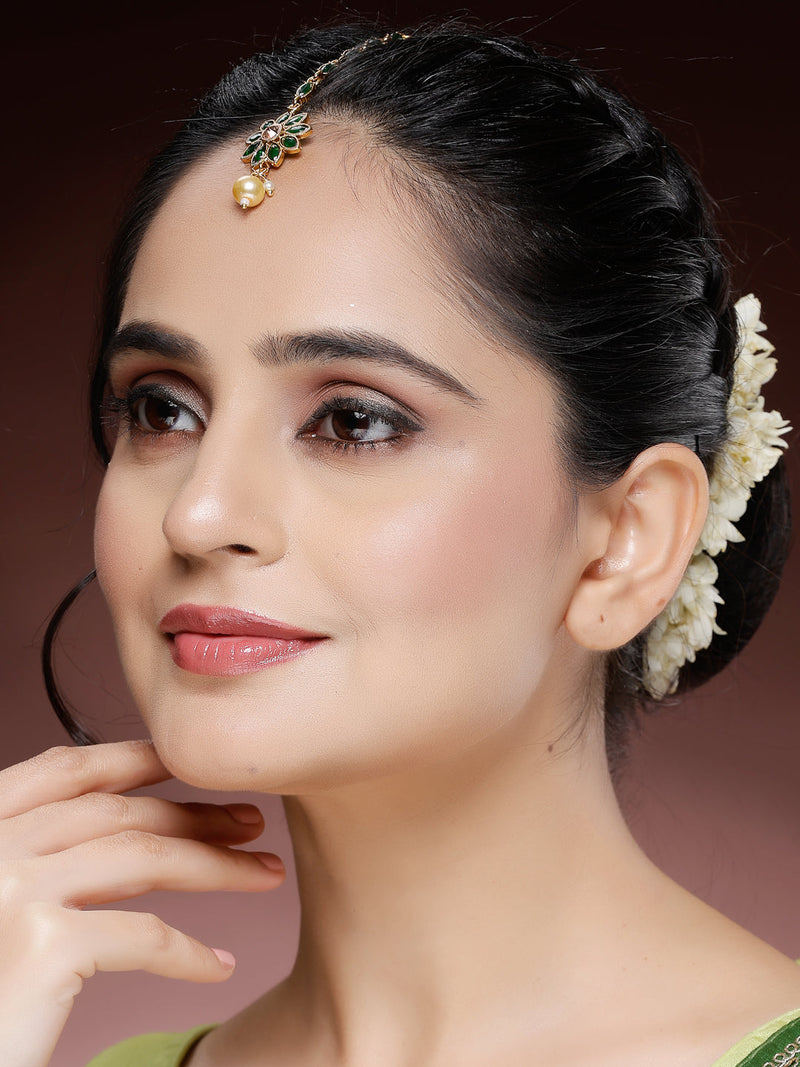 Gold Plated Green Pearl Studded Maang Tikka