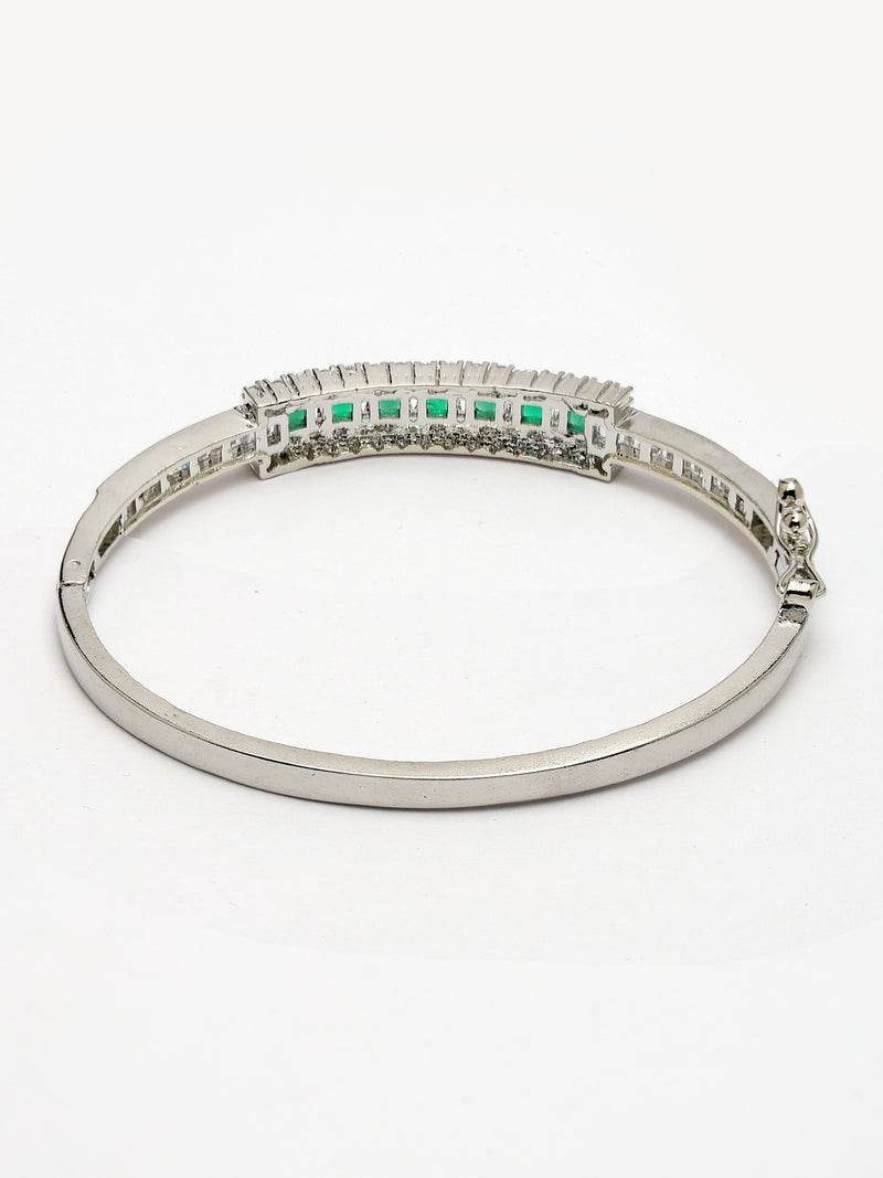 Rhodium Plated Silver Toned Minimal Round Green American Diamond Studded Cuff Bracelet