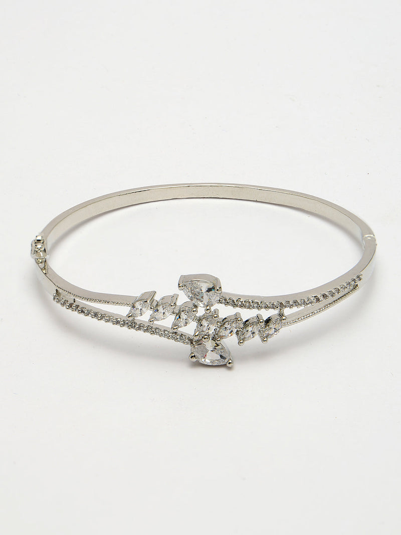 Rhodium Plated Silver Toned  Leaf Design White Teardrop American Diamond Studded Cuff Bracelet