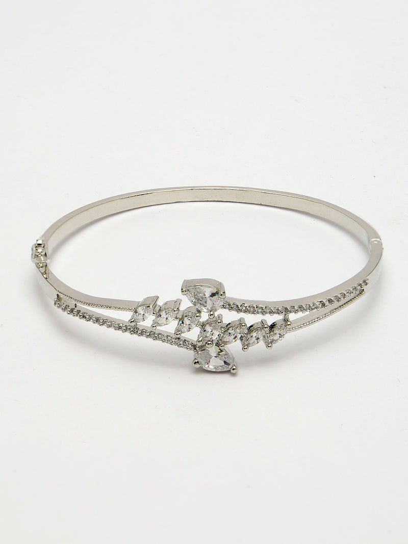 Rhodium Plated Silver Toned  Leaf Design White Teardrop American Diamond Studded Cuff Bracelet
