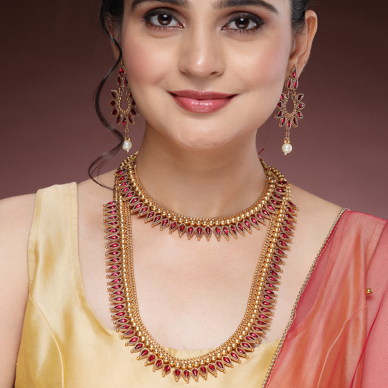 Gold Plated with Priyaasi Floral Kemp Design & Red Stone Studded Necklace Set