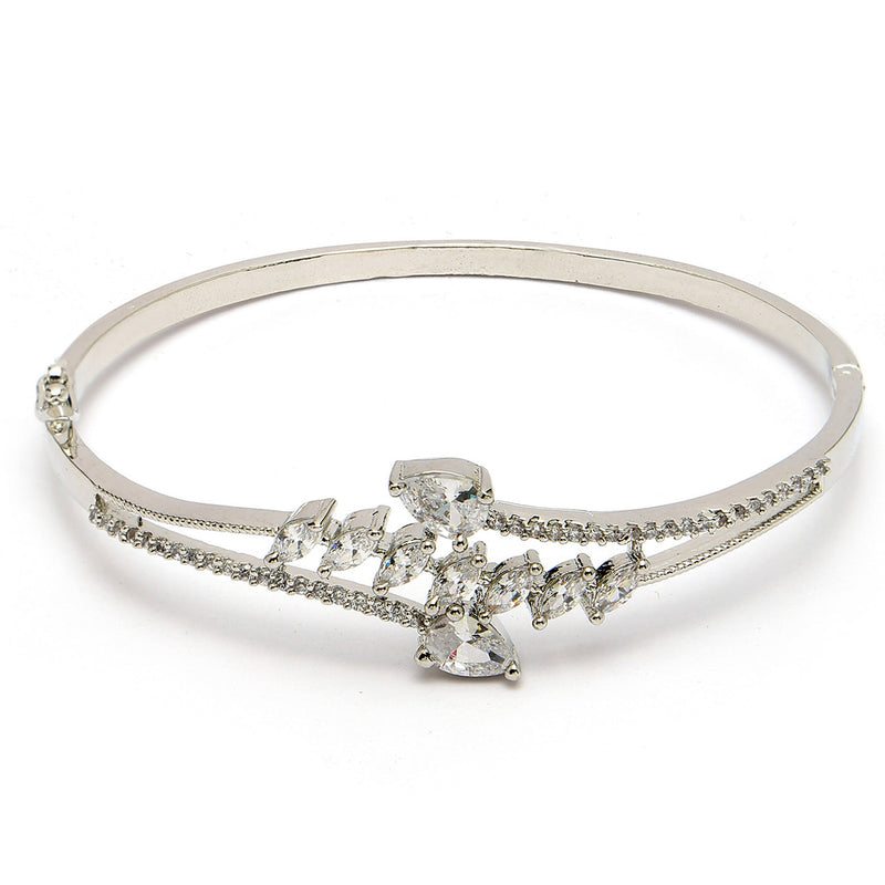 Rhodium Plated Silver Toned  Leaf Design White Teardrop American Diamond Studded Cuff Bracelet
