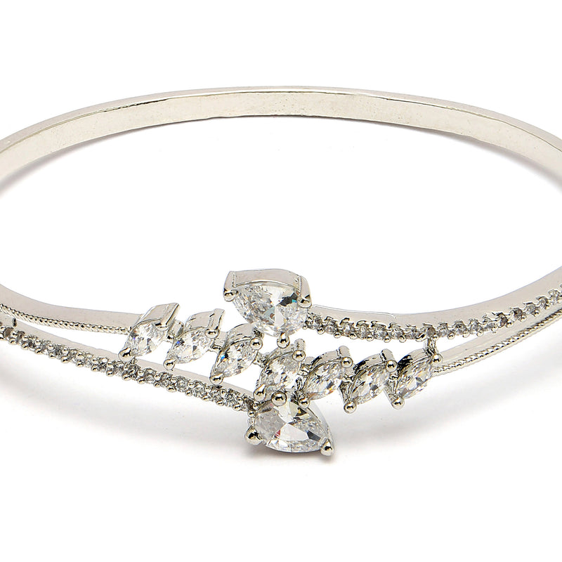 Rhodium Plated Silver Toned  Leaf Design White Teardrop American Diamond Studded Cuff Bracelet
