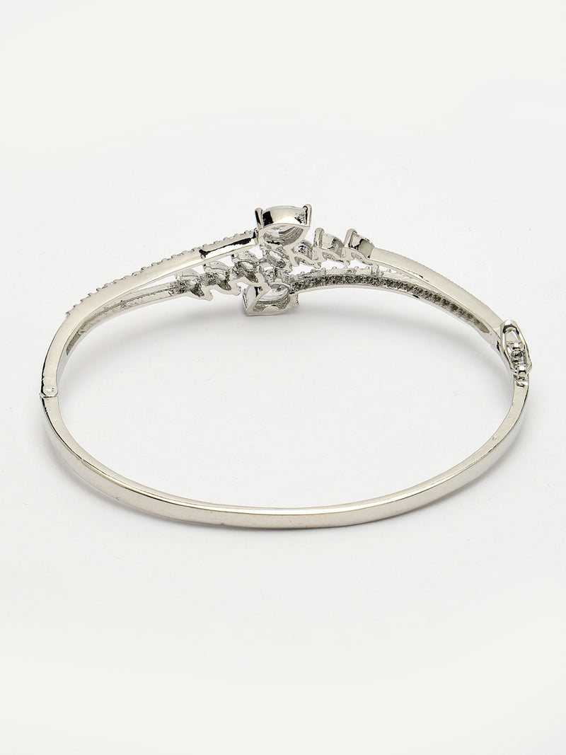 Rhodium Plated Silver Toned  Leaf Design White Teardrop American Diamond Studded Cuff Bracelet