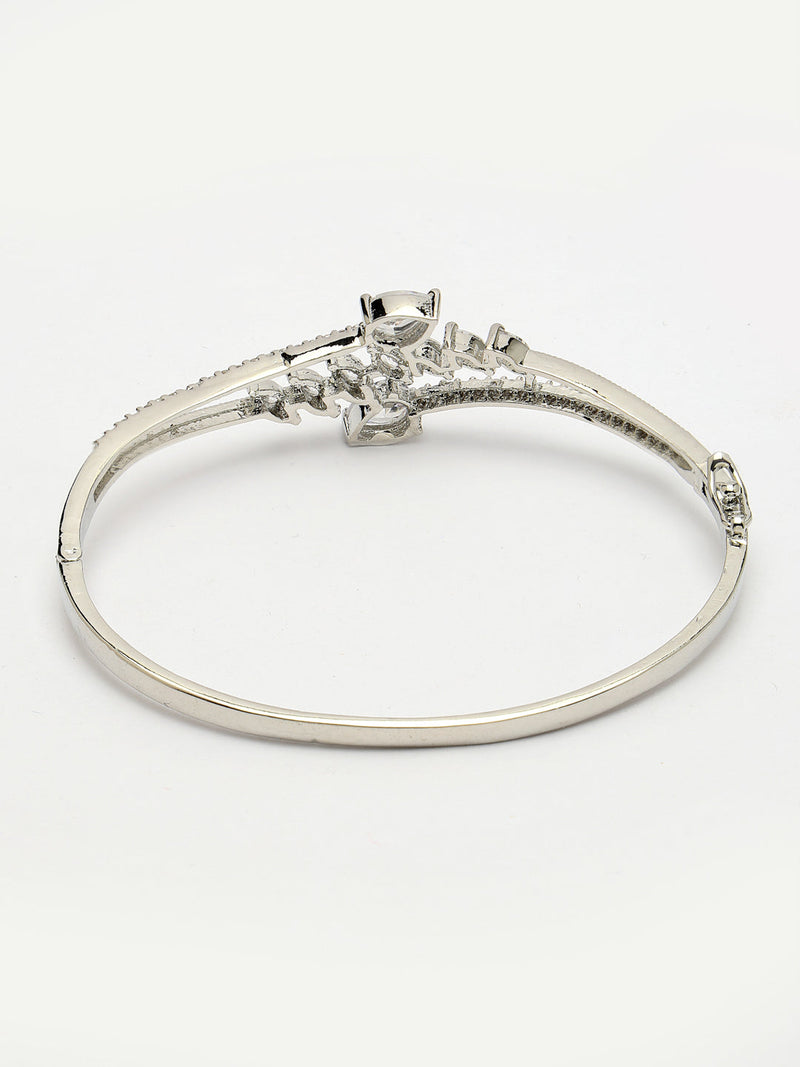 Rhodium Plated Silver Toned  Leaf Design White Teardrop American Diamond Studded Cuff Bracelet