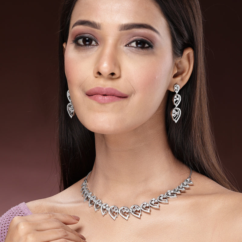 Rhodium Plated Silver Toned White American Diamond Studded Jewellery Set