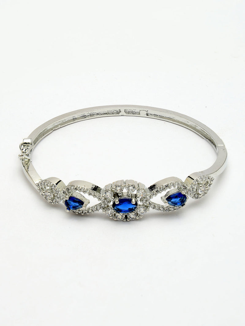 Rhodium Plated Silver Toned Oval & Teardrop Blue American Diamond Studded Cuff Bracelet
