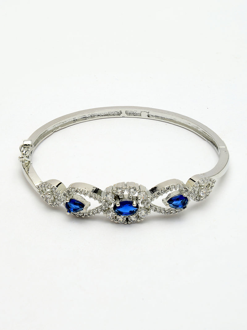 Rhodium Plated Silver Toned Oval & Teardrop Blue American Diamond Studded Cuff Bracelet