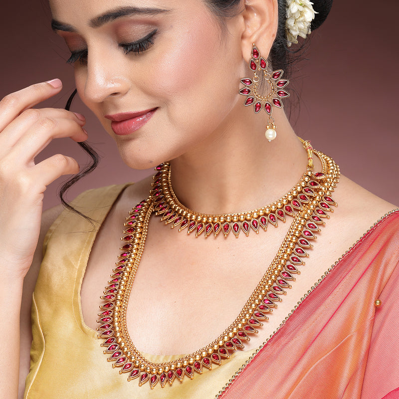 Gold Plated with Priyaasi Floral Kemp Design & Red Stone Studded Necklace Set