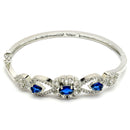 Rhodium Plated Silver Toned Oval & Teardrop Blue American Diamond Studded Cuff Bracelet