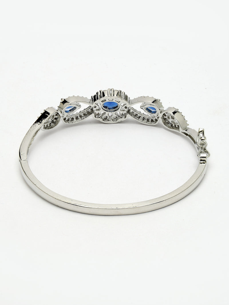 Rhodium Plated Silver Toned Oval & Teardrop Blue American Diamond Studded Cuff Bracelet