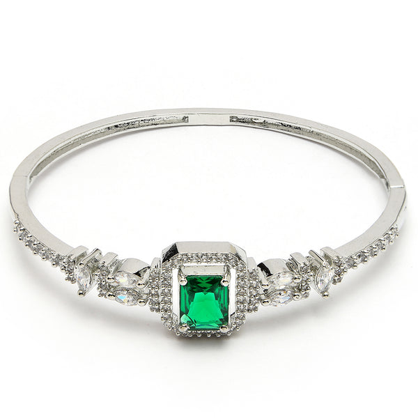 Rhodium Plated Silver Toned Green Rectangle American Diamond Studded Cuff Bracelet