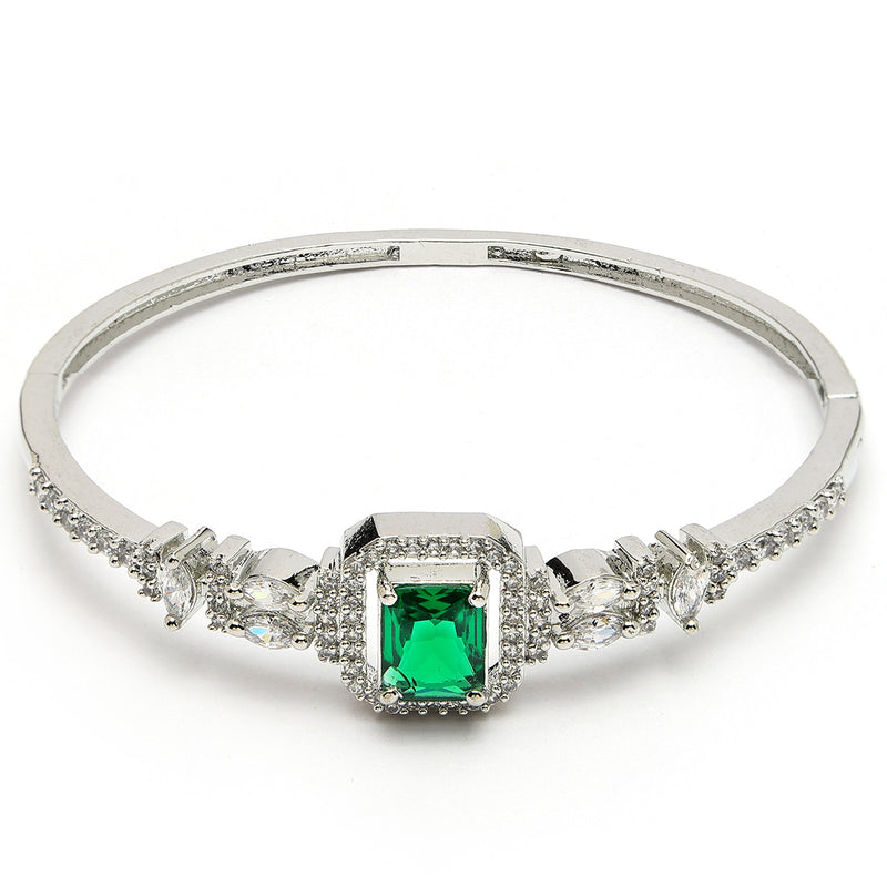 Rhodium Plated Silver Toned Green Rectangle American Diamond Studded Cuff Bracelet