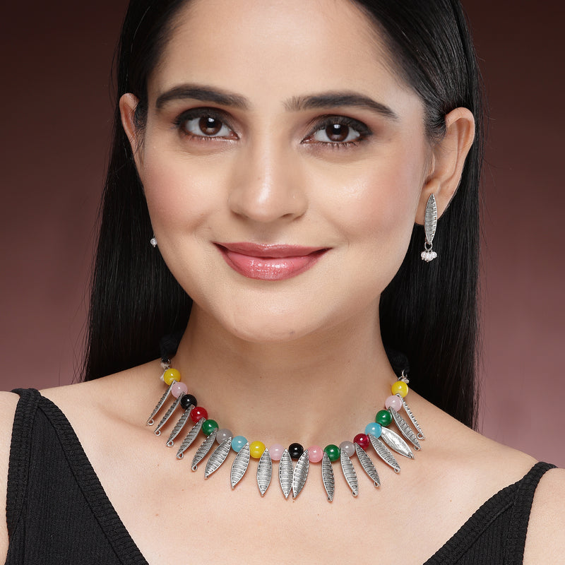 Oxidized Silver Leaf & Multicolor Pearl Studded Jewellery Set