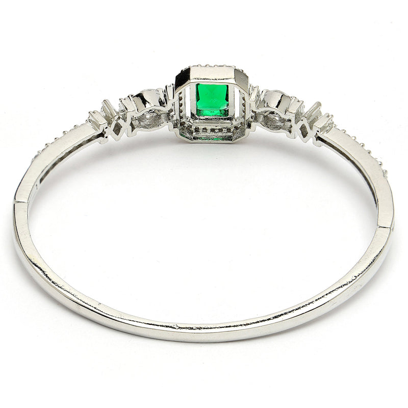 Rhodium Plated Silver Toned Green Rectangle American Diamond Studded Cuff Bracelet