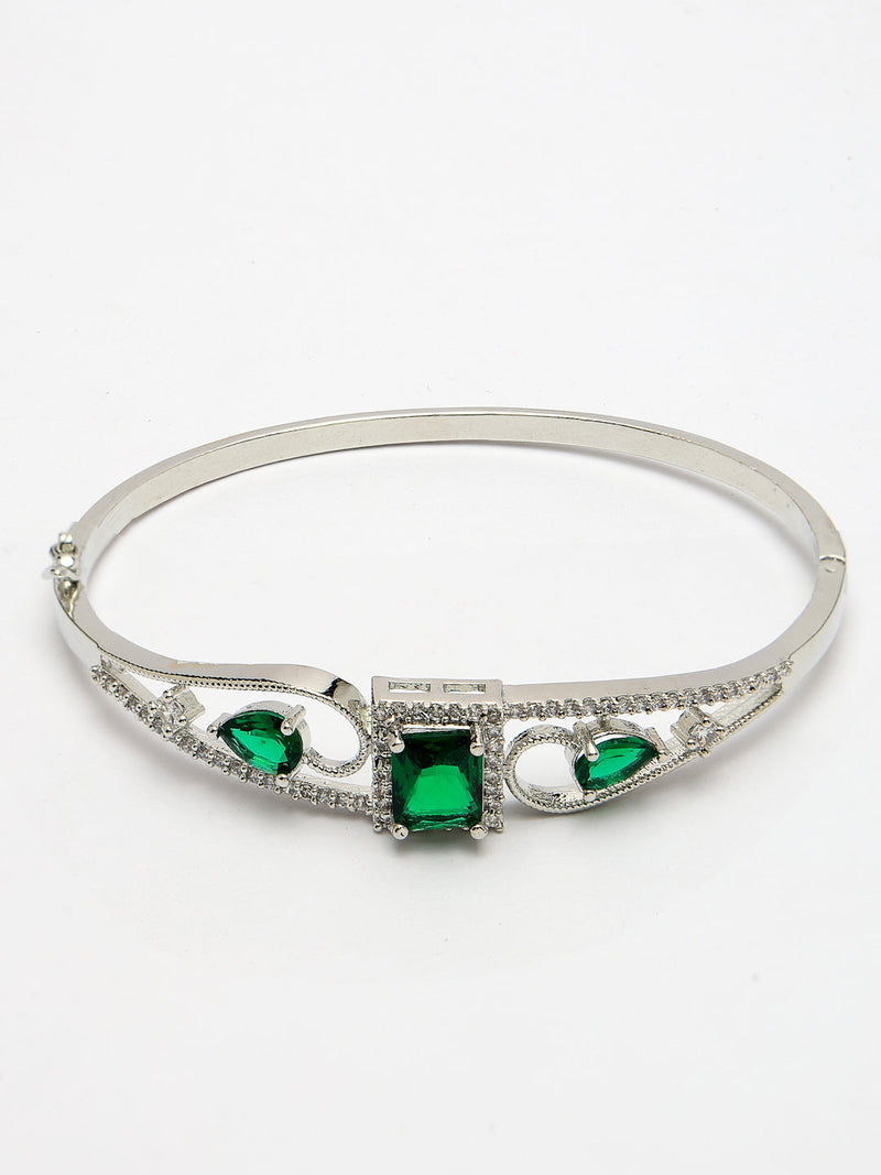 Rhodium Plated Silver Toned Green Square & Teardrop American Diamond Studded Cuff Bracelet