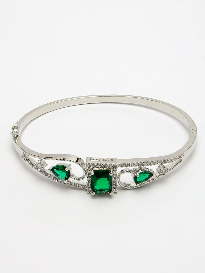 Rhodium Plated Silver Toned Green Square & Teardrop American Diamond Studded Cuff Bracelet