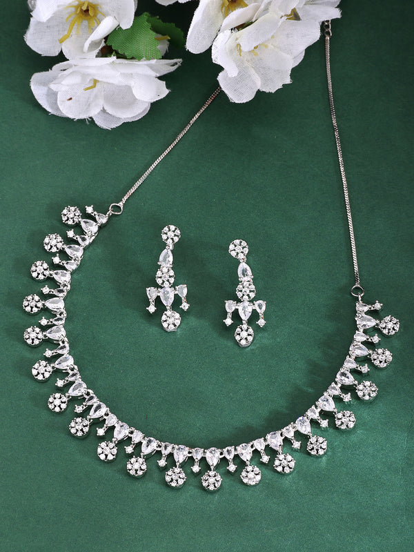 Rhodium Plated with Cascade Design & White AD Stone Studded Necklace Set