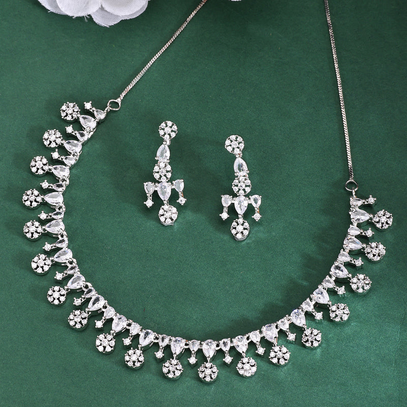 Rhodium Plated Silver Toned Cascade Design & White American Diamond Stone Studded Jewellery Set