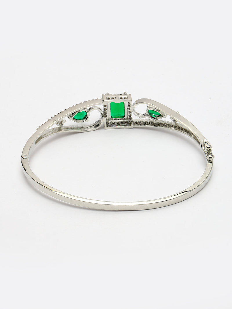 Rhodium Plated Silver Toned Green Square & Teardrop American Diamond Studded Cuff Bracelet