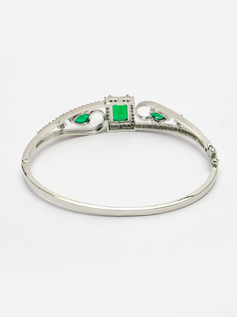 Rhodium Plated Silver Toned Green Square & Teardrop American Diamond Studded Cuff Bracelet