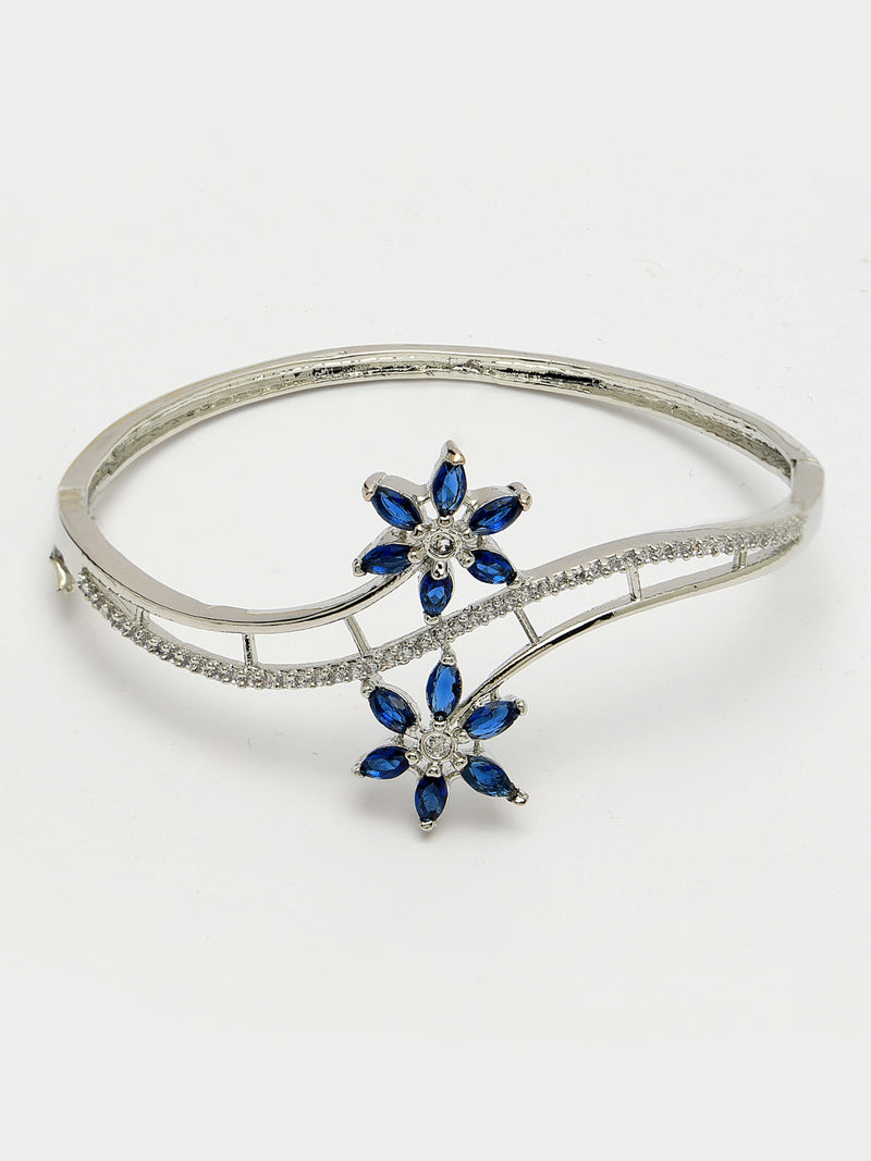 Rhodium Plated Silver Toned Floral Design Blue American Diamond Studded Cuff Bracelet