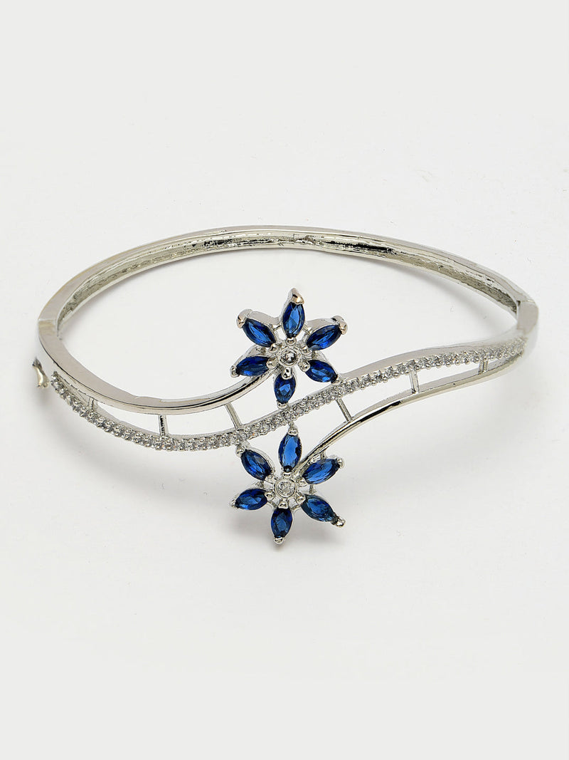 Rhodium Plated Silver Toned Floral Design Blue American Diamond Studded Cuff Bracelet