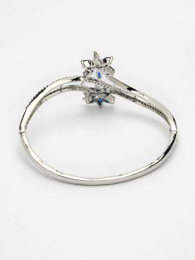 Rhodium Plated Silver Toned Floral Design Blue American Diamond Studded Cuff Bracelet