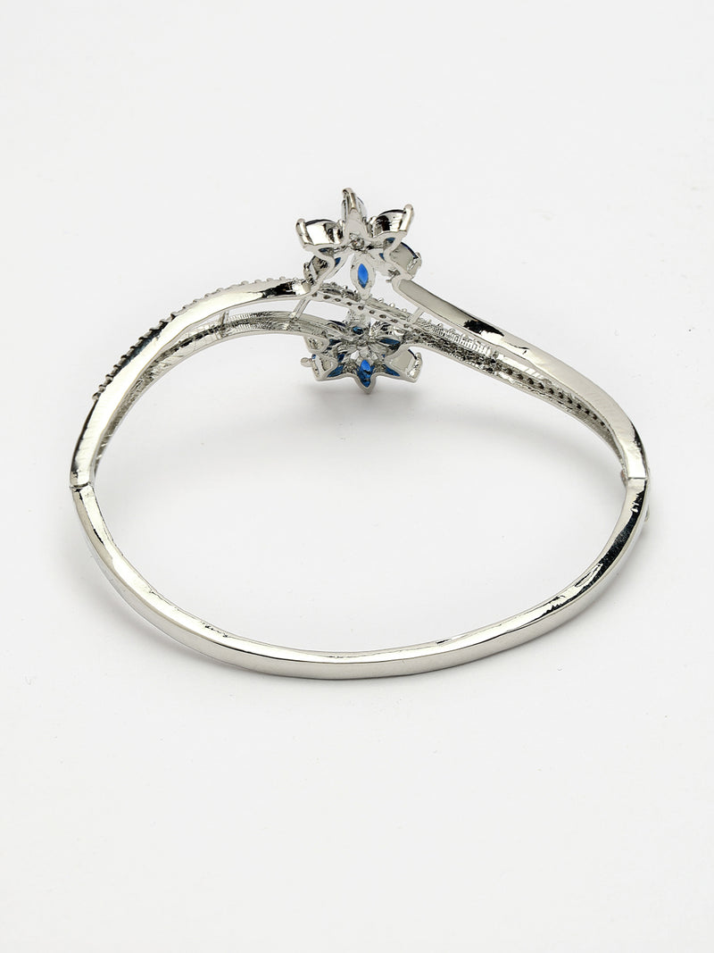 Rhodium Plated Silver Toned Floral Design Blue American Diamond Studded Cuff Bracelet