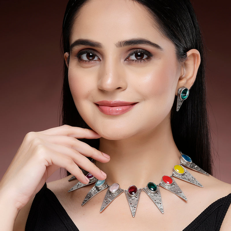 Oxidized Multicolor Cubic Zirconia Stone Studded Jewellery Set