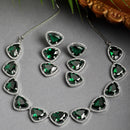 Rhodium-Plated with Silver-Tone Handcrafted Green American Diamond Studded Triangular Jewellery Set