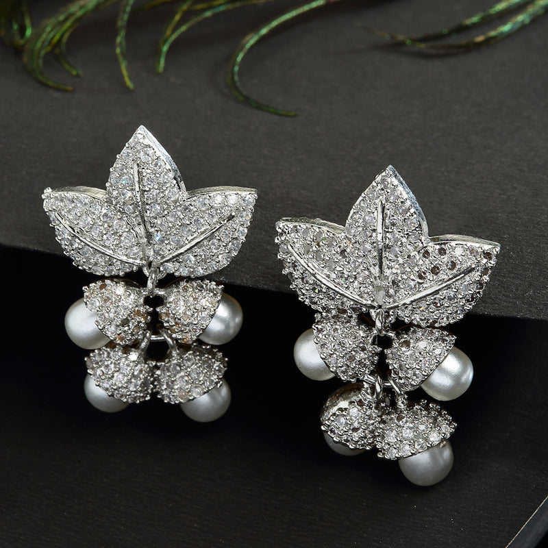White Rhodium-Plated with Silver-Tone Leaf Shaped Drop Earrings