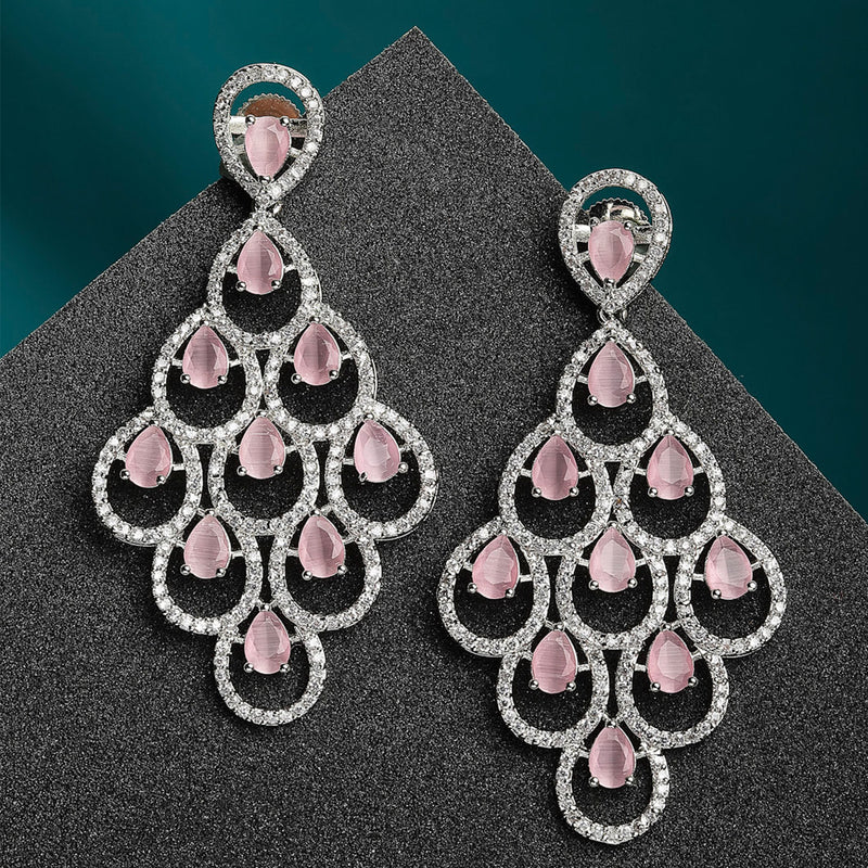 Pink American Diamond Rhodium-Plated with Silver-Tone Studded Leaf Shaped Drop Earrings