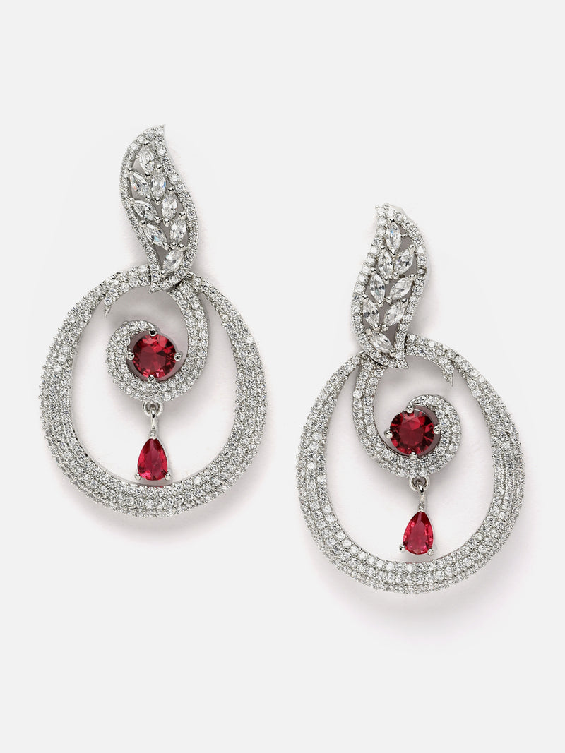 Rhodium-Plated Red & White American Diamond studded Oval Shaped Drop Earrings