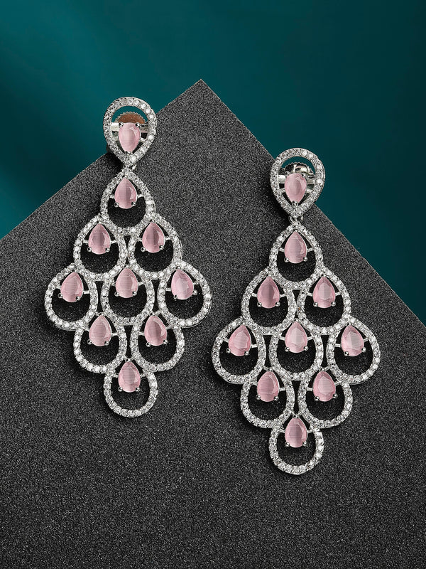 Pink American Diamond Rhodium-Plated with Silver-Tone Studded Leaf Shaped Drop Earrings