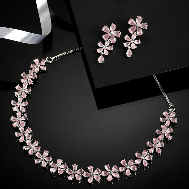 Rhodium-Plated with Silver-Tone Pink American Diamond-Studded Jewellery Set