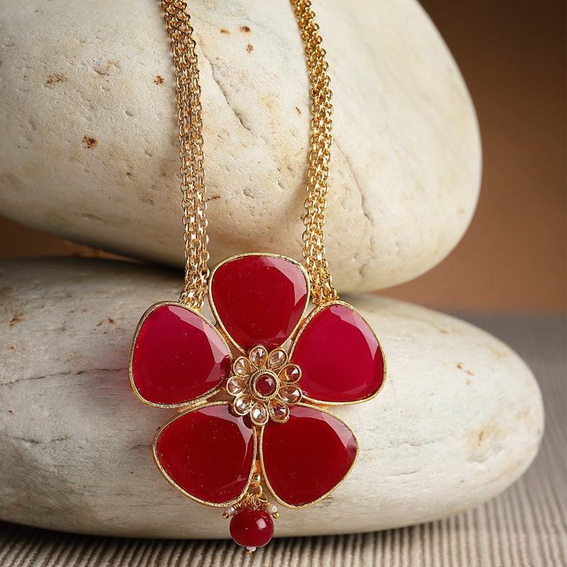 Gold-Plated Red Stone Studded Flower Pendant