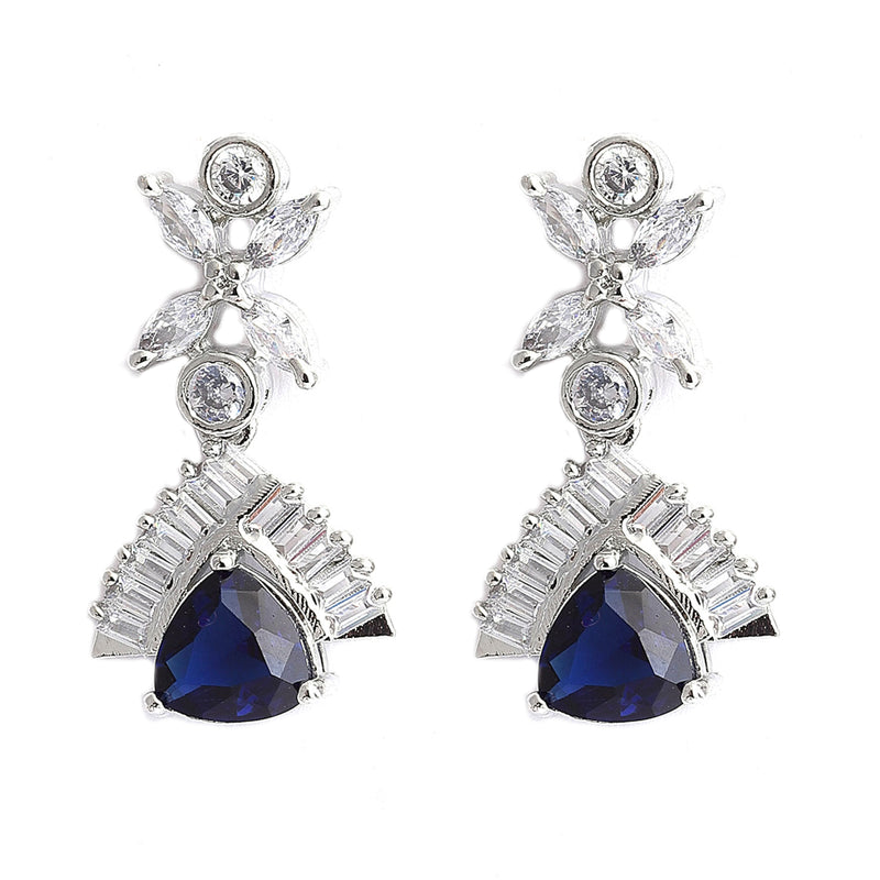 Rhodium-Plated with Silver-Tone Navy Blue American Diamond Studded Handcrafted Jewellery Set