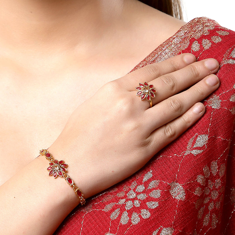 Gold-Plated Red Stone Studded Brass Wraparound Bracelet With Ring