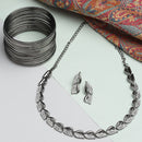 Oxidized White Cubic Zirconia Studded Combo - Necklace, Earrings, Bangles