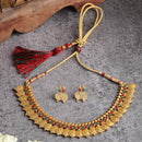 Traditional Temple Coin Red Green Small Choker Necklace With Earring