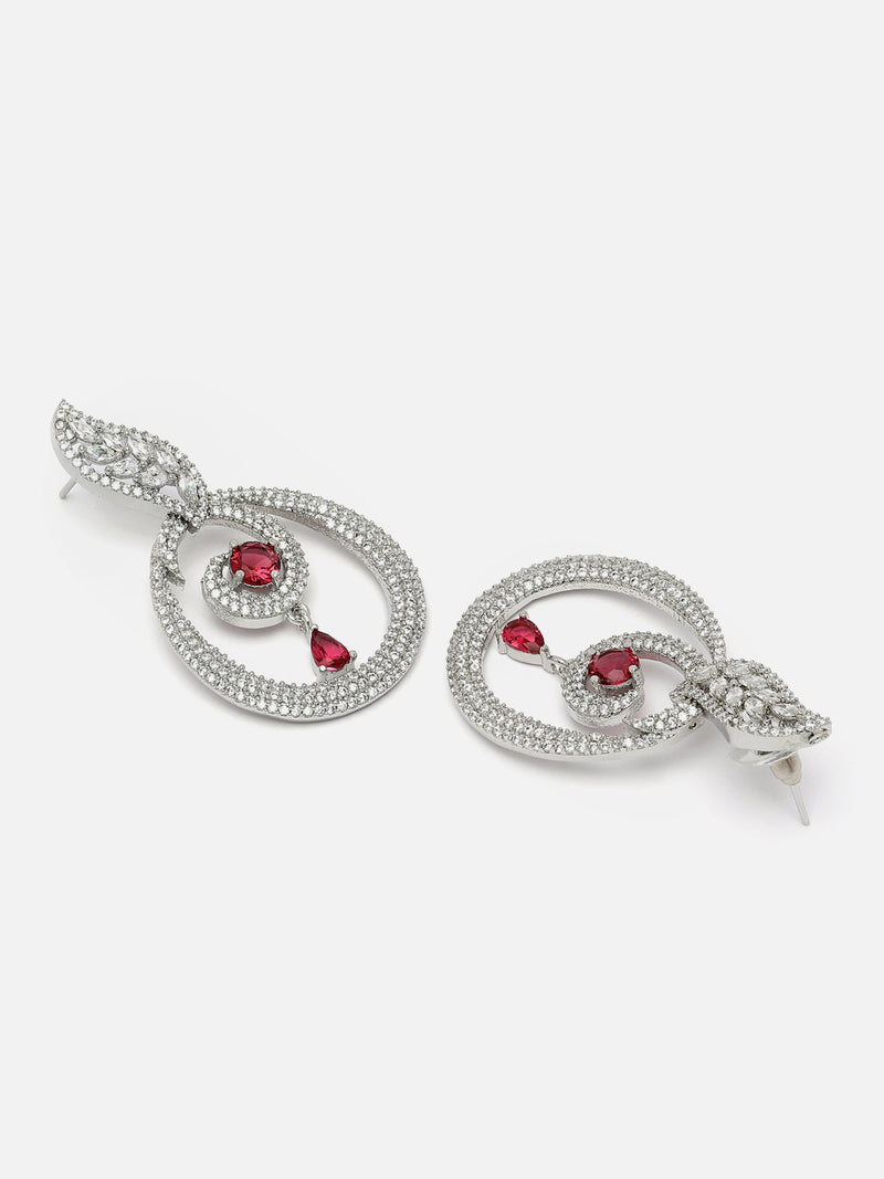 Rhodium-Plated Red & White American Diamond studded Oval Shaped Drop Earrings