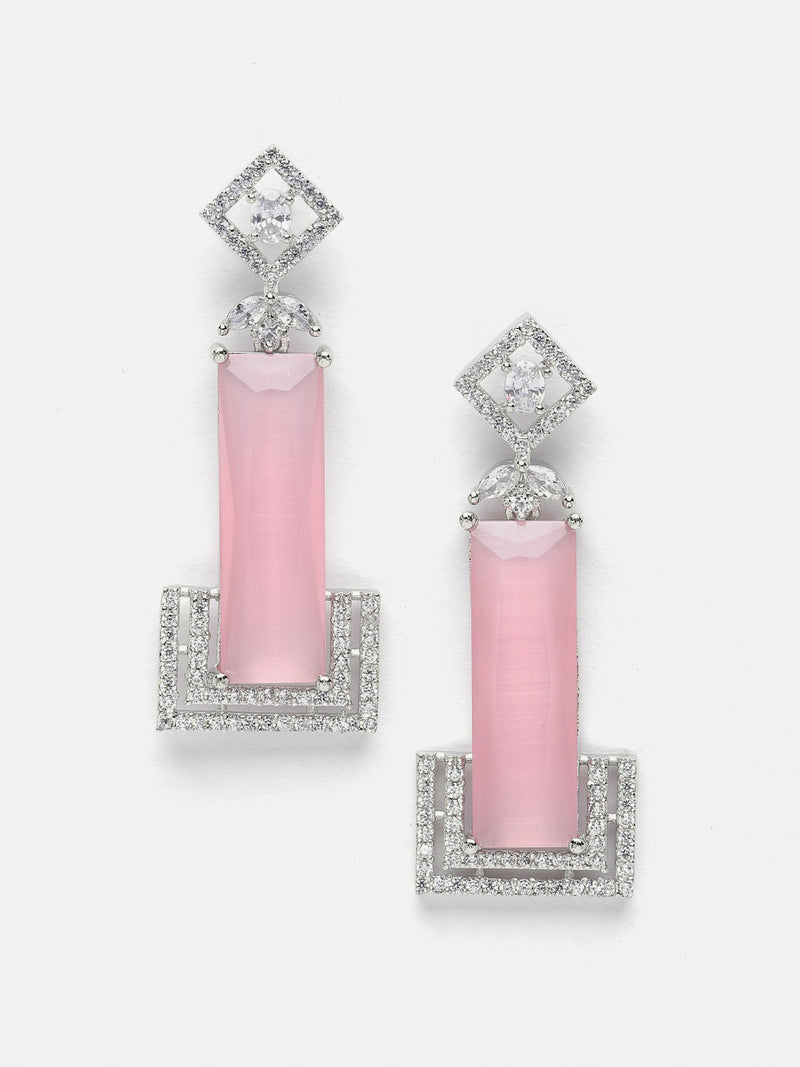 Rhodium-Plated Pink American Diamond studded Rectangular Shaped Drop Earrings