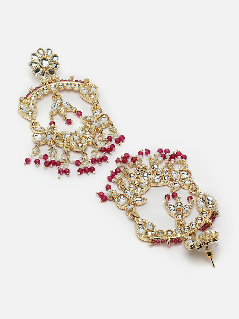 Gold-Plated Pink Pearls & Kundan studded Floral Shaped Chandelier Drop Earrings