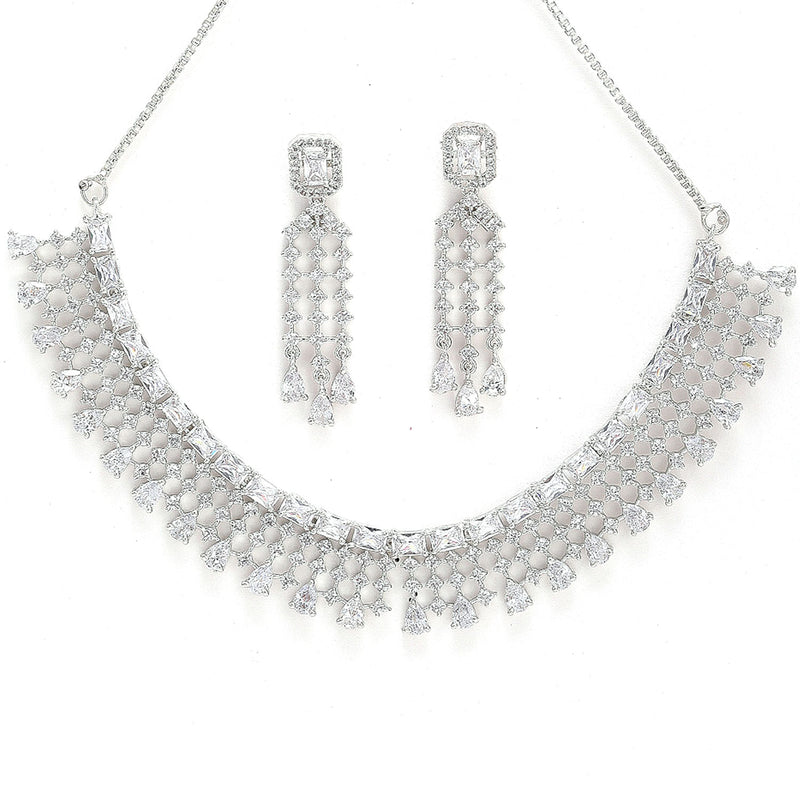 Rhodium-Plated with Silver-Tone White American Diamond-Studded Jewellery Set